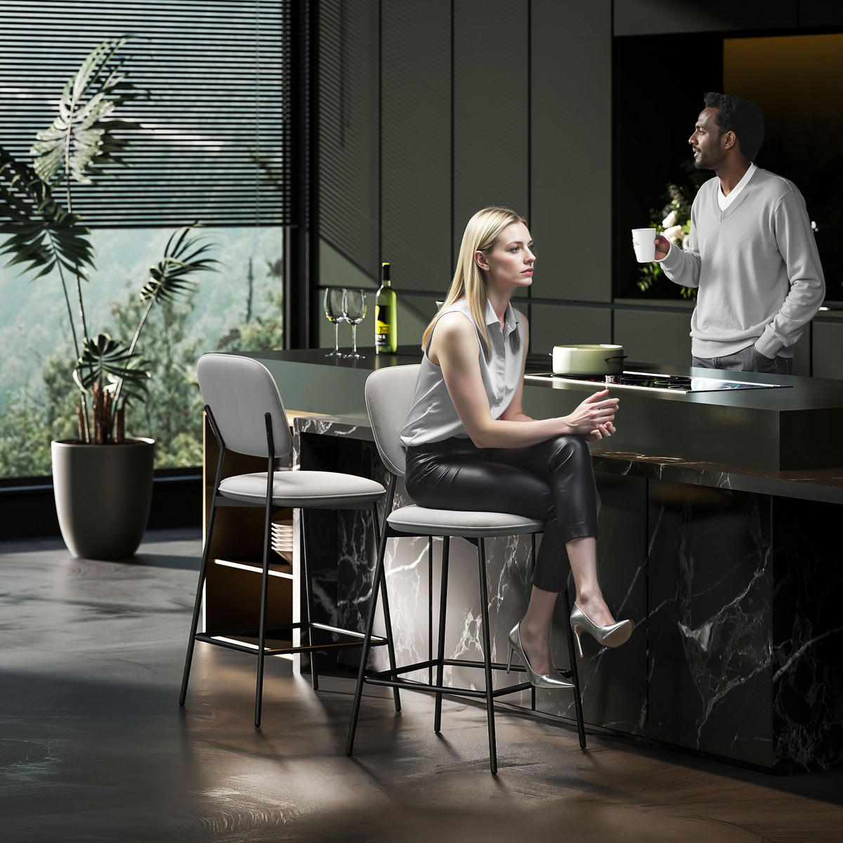 2ER-SET Barhocker, Bistrohocker mit Fußstütze, Samt-Bezug Stahlbeinen Hellgrau - Hellgrau/Schwarz, Textil/Metall (45/102/49cm) - HOMCOM