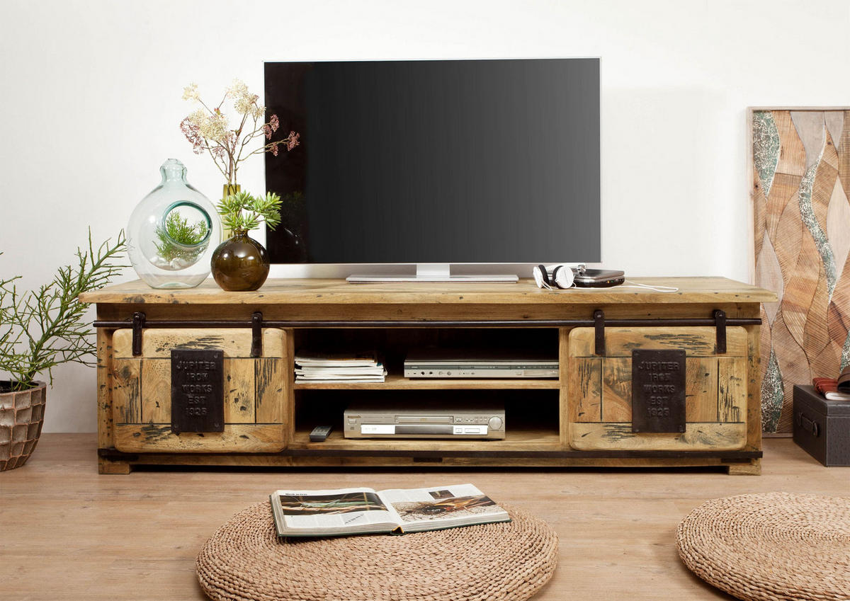 TV-BOARD Mango 180x55x50 natur lackiert RAILWAY #135 - Naturfarben, Holz (180/50/55cm) - Massivmoebel24