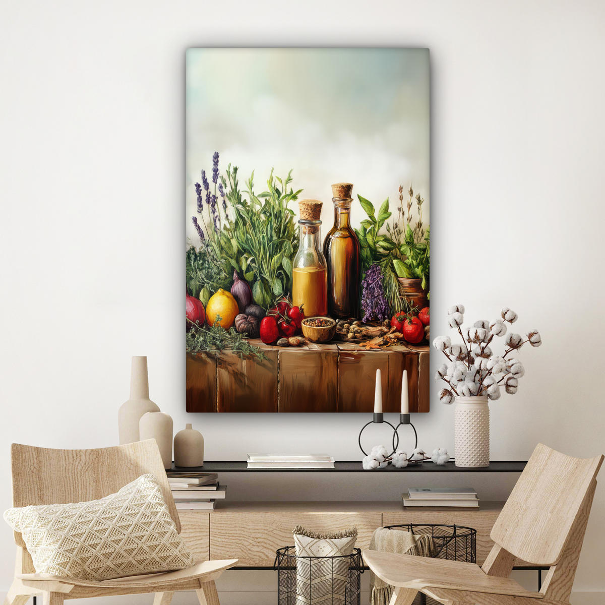 LEINWANDBILD Stilleben - Kräuter - Gewürze - Früchte - Farbenfroh Deko Groß 90x140 cm - Grün, Textil (90/140cm) - MuchoWow