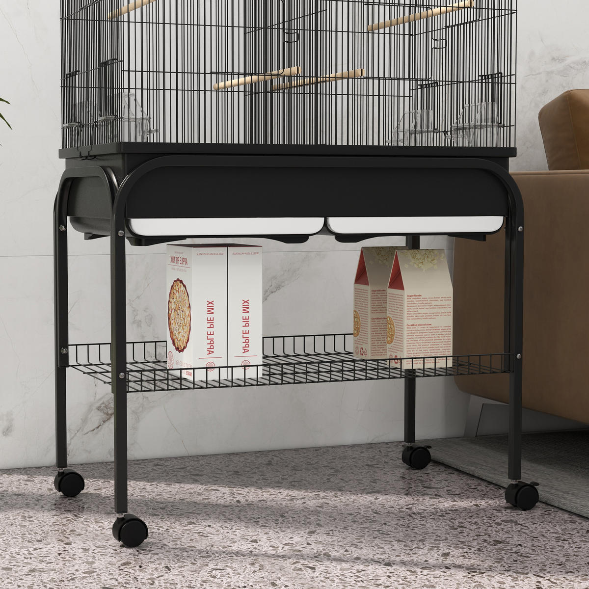 VOGELKÄFIG DE-17826 mit Trennwand & Rollen für Großpapageien Schwarz - Schwarz, Metall (49/119/85cm) - ComfortXL
