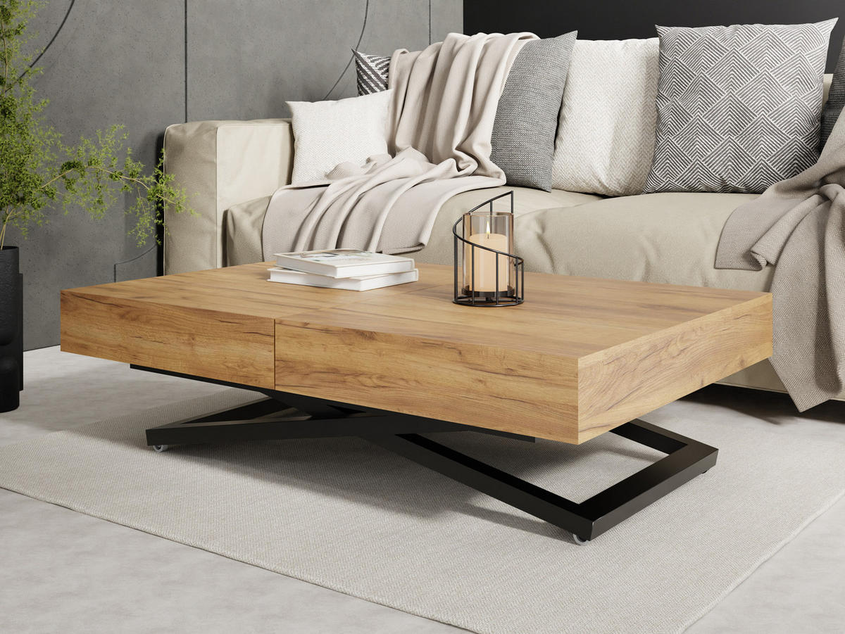 COUCHTISCH Cavetta X höhenverstellbar ausziehbar, Craft Eiche 120-200/80/27-76 cm - Eiche Wotan/Schwarz, Holzwerkstoff/Metall (80/120/76cm) - WFL GROUP