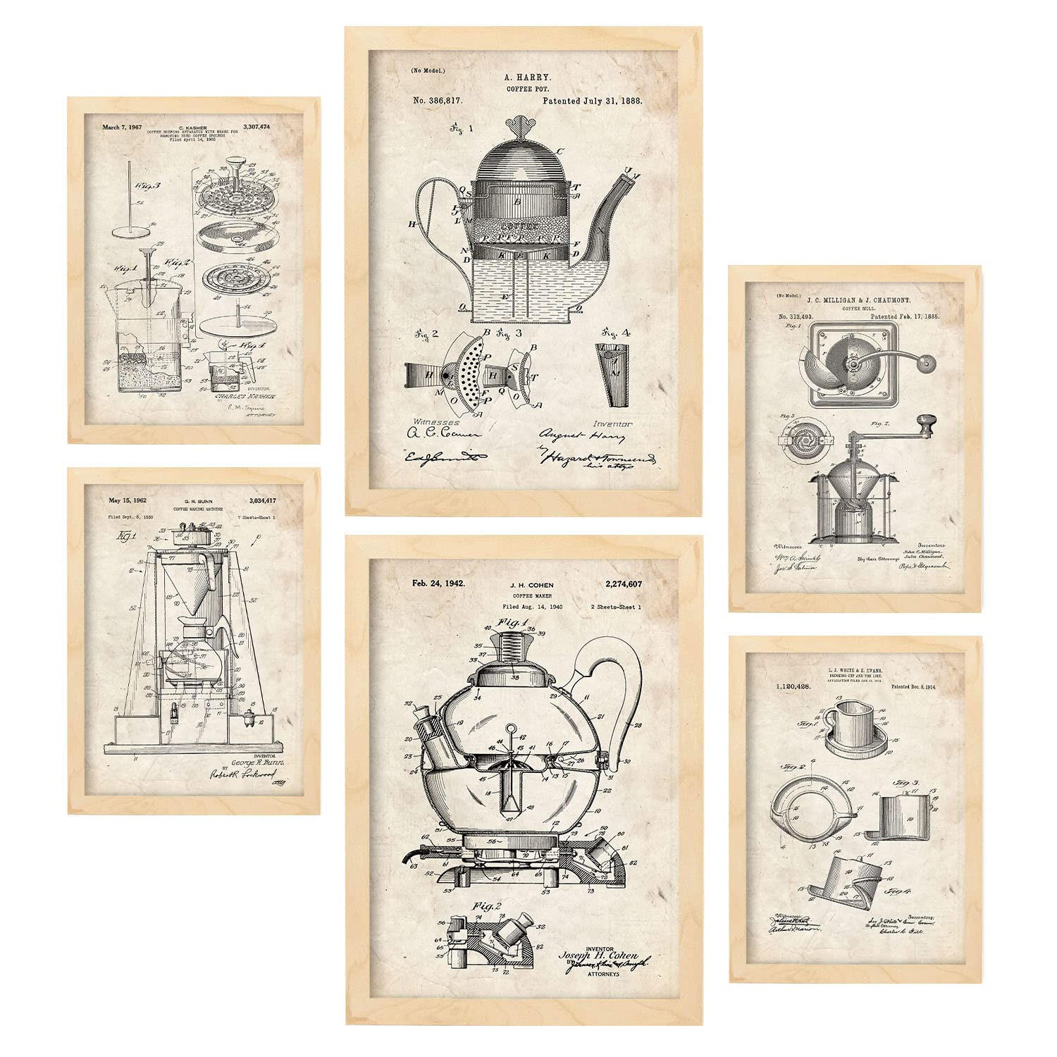 POSTER Set Mit 6 Mit Kaffeemaschine Patenten Im Vintage Stil A3 & A4 Rahmen Aus Hellem Holz - Beige, Papier (29/3cm) - Nacnic