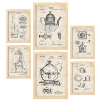 POSTER Set Mit 6 Mit Kaffeemaschine Patenten Im Vintage Stil A3 & A4 Rahmen Aus Hellem Holz - Beige, Papier (29/3cm) - Nacnic