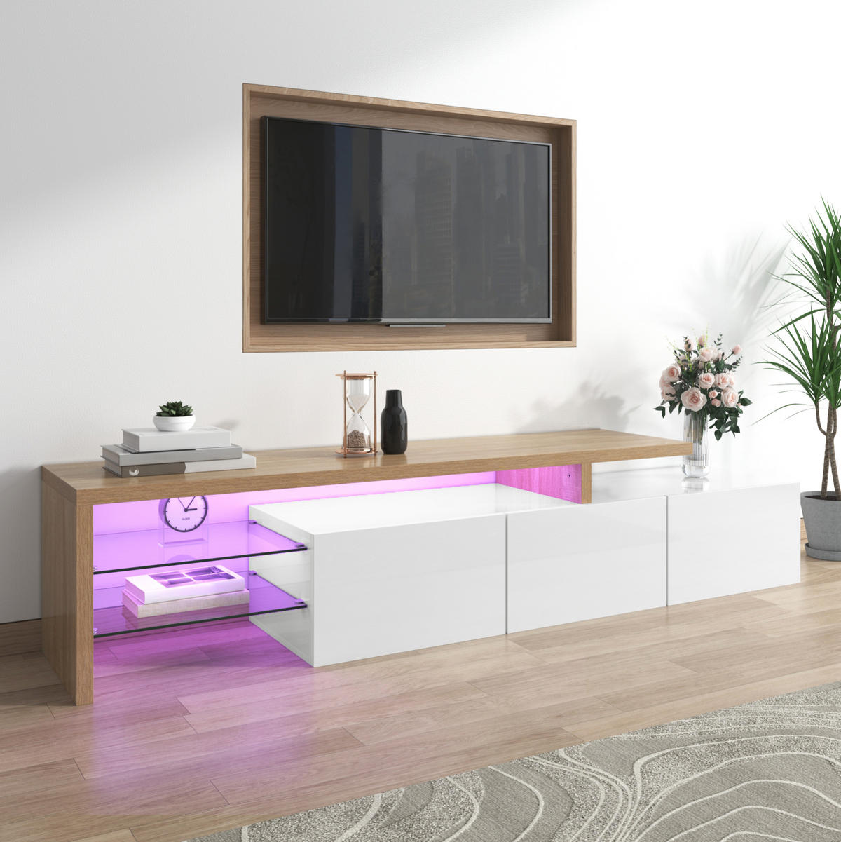 LOWBOARD 197.5/39/42 cm in Natur/Weiß aus MDF und Glas mit LED-Beleuchtung - Weiß, Holzwerkstoff (39/42/197.5cm) - OKMYHOME