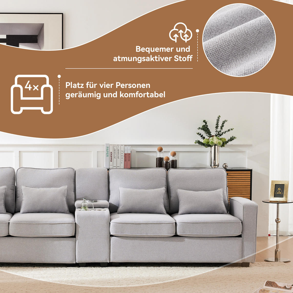 SOFA 4-Sitzer Leinenstoff Konsole 2 USB & Getränkehalter 4 Kissen Grau - Grau, Holz (83/88/290cm) - FLIEKS