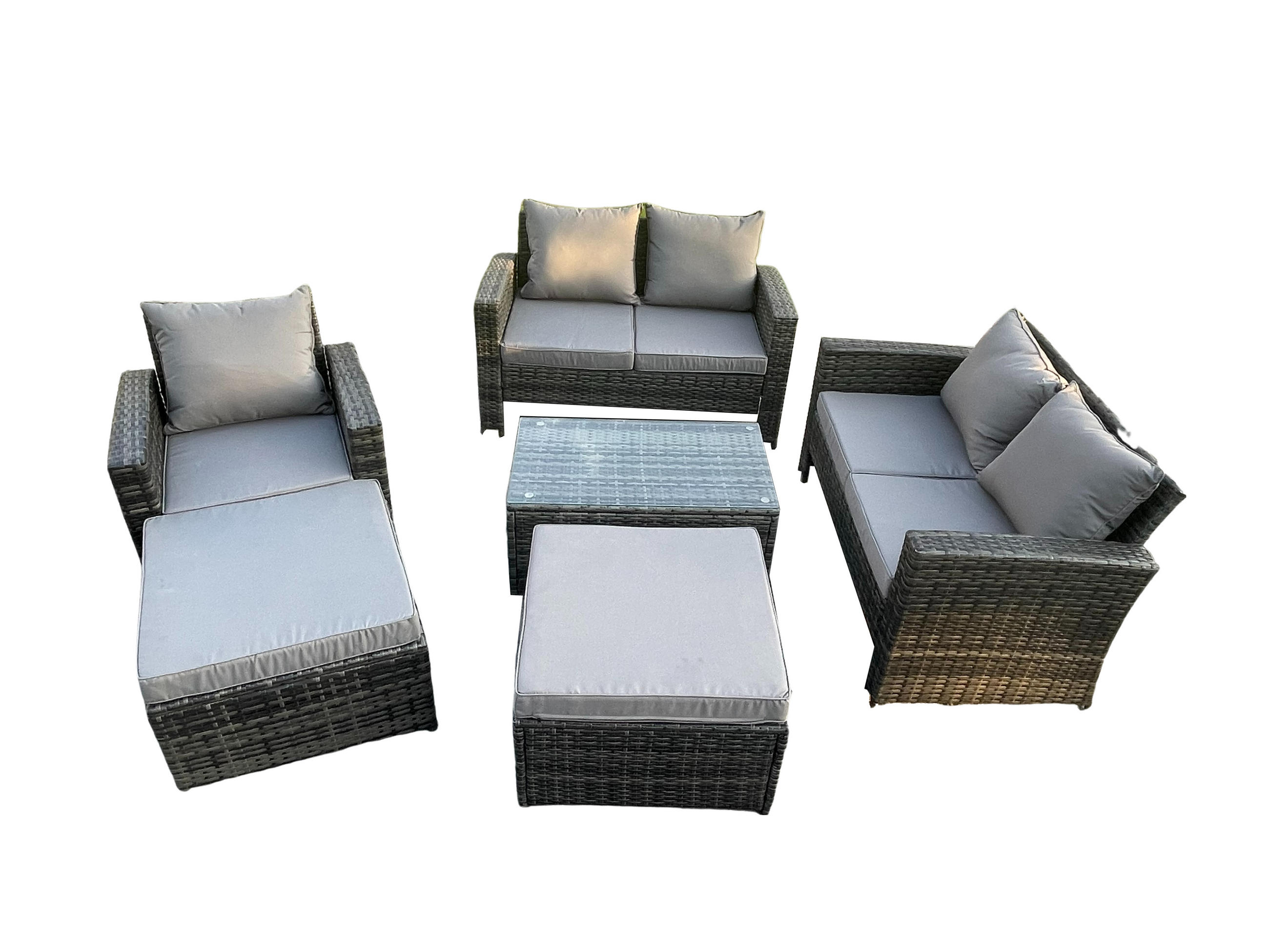 GARTENMÖBEL-SET MIT COUCHTISCH 2 HOCKER Polyrattan Dunkelgrau 7-Sitzer - Dunkelgrau, Metall - Fimous