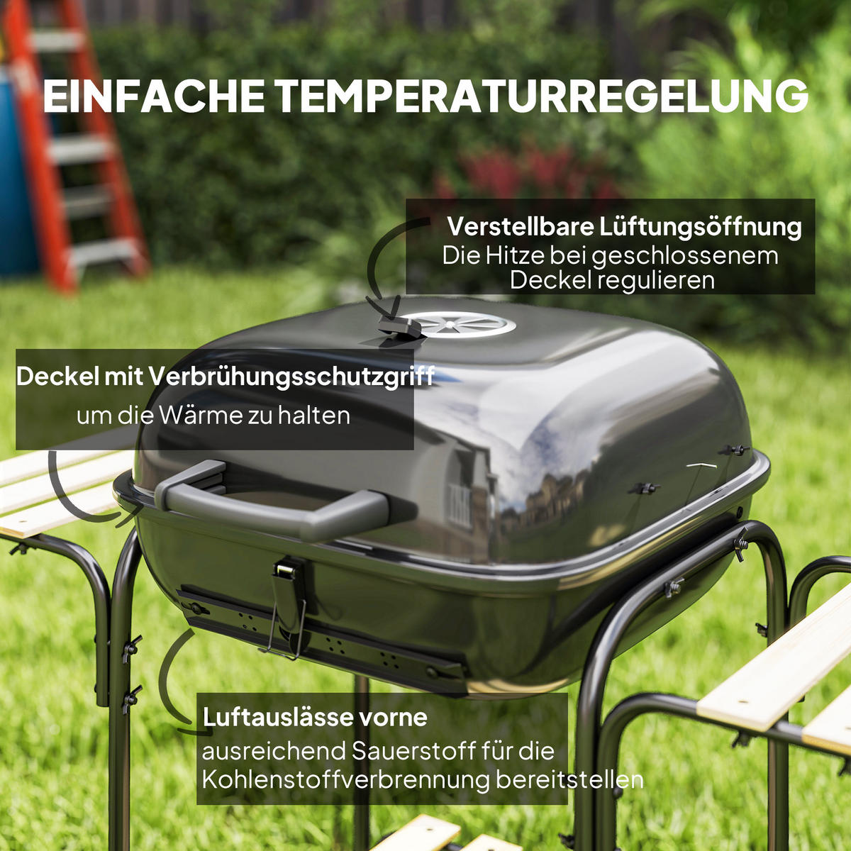 HOLZKOHLEGRILL Stahl Tannenholz Schwarz - Schwarz, Metall (54/91/98cm) - Outsunny