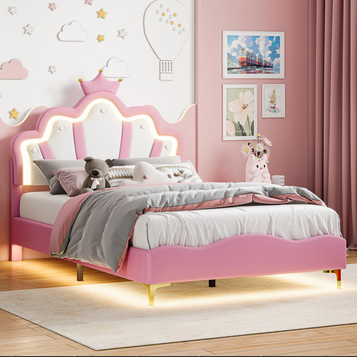 KINDERBETT 90/190 cm Rosa,LED-Kinderbett mit Verstellbarem Kopfteil,PU-Polsterbett - Rosa, Holz/Textil (90/190cm) - PARAFTA HOME