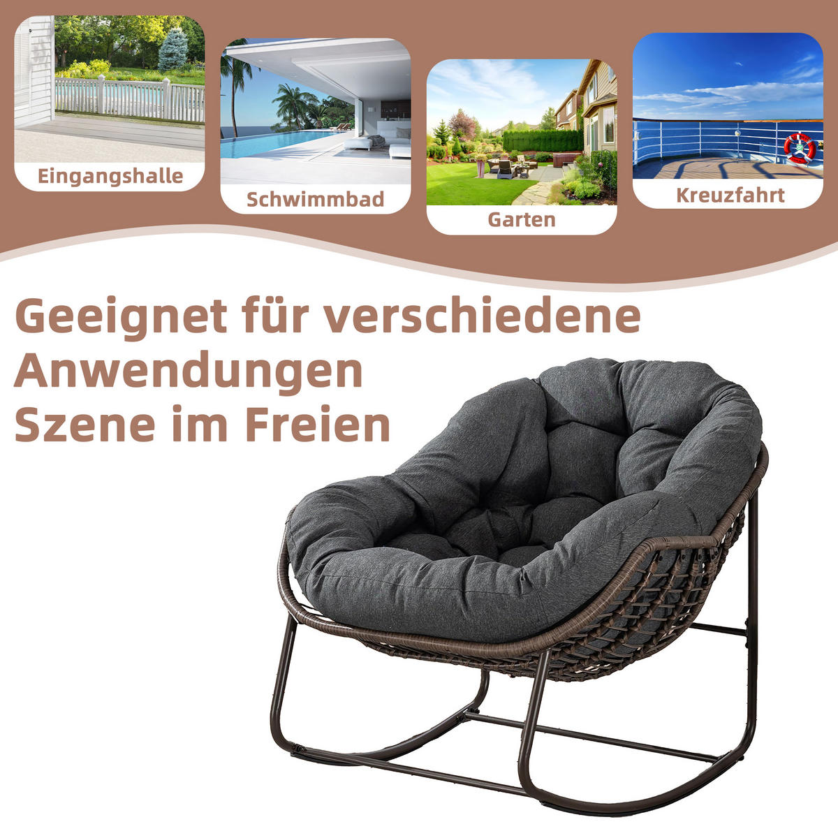 SCHAUKELSTUHL Schaukelsessel Garten,Rattanstuhl mit Stahlrahmen,Grau-Polyester - Graubraun, Metall (94.5/80/111cm) - LVHOM
