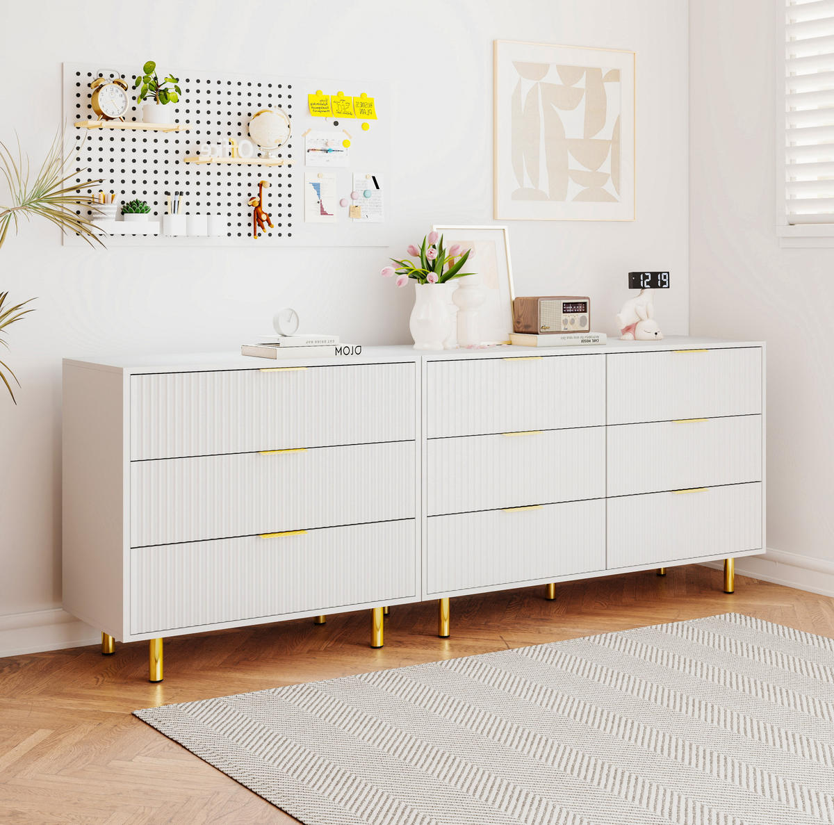 SIDEBOARD 200/40/72 cm mit 9 Schubladen, modularer Aufbau und geprägten Fronten, Weiß - Weiß, Holzwerkstoff (200/72/40cm) - Redom