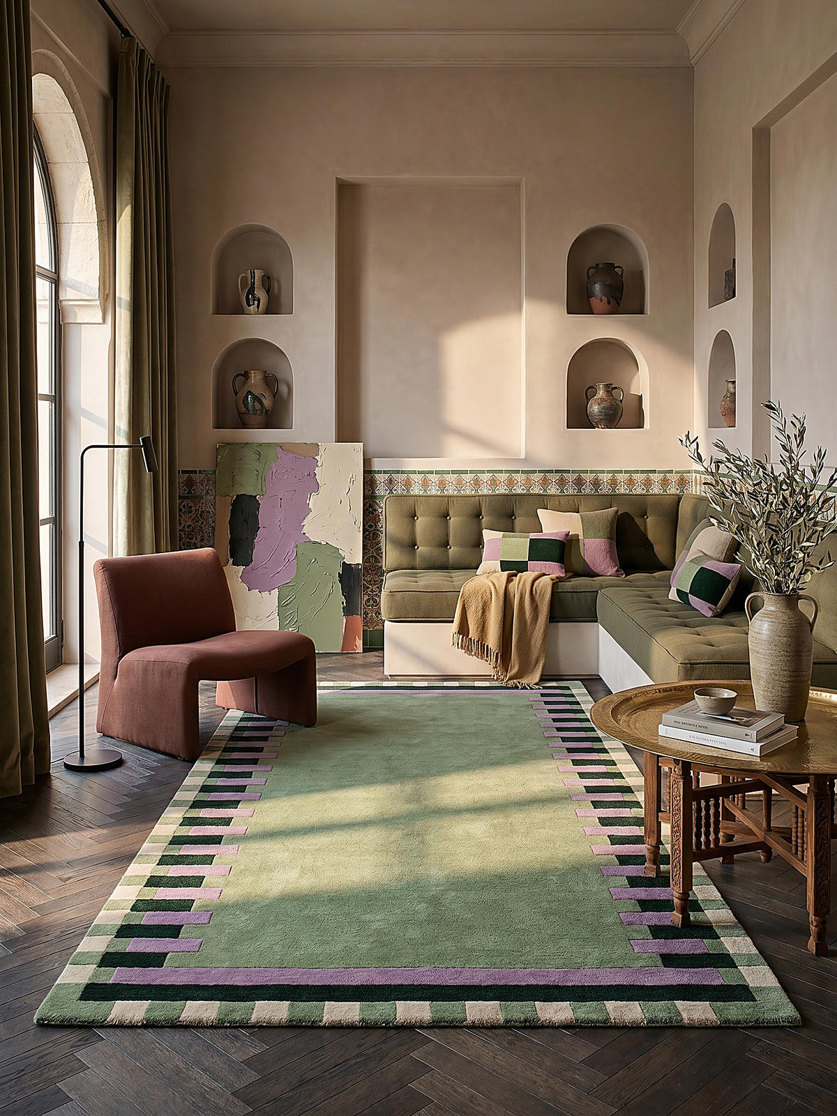 WOLLTEPPICH Geometrisches Muster, Rahmen, Wohnzimmer schmutzabweisend Grün-Lila Rechteckig 160x230 - Grün, Textil (230/160cm) - KADIMA DESIGN