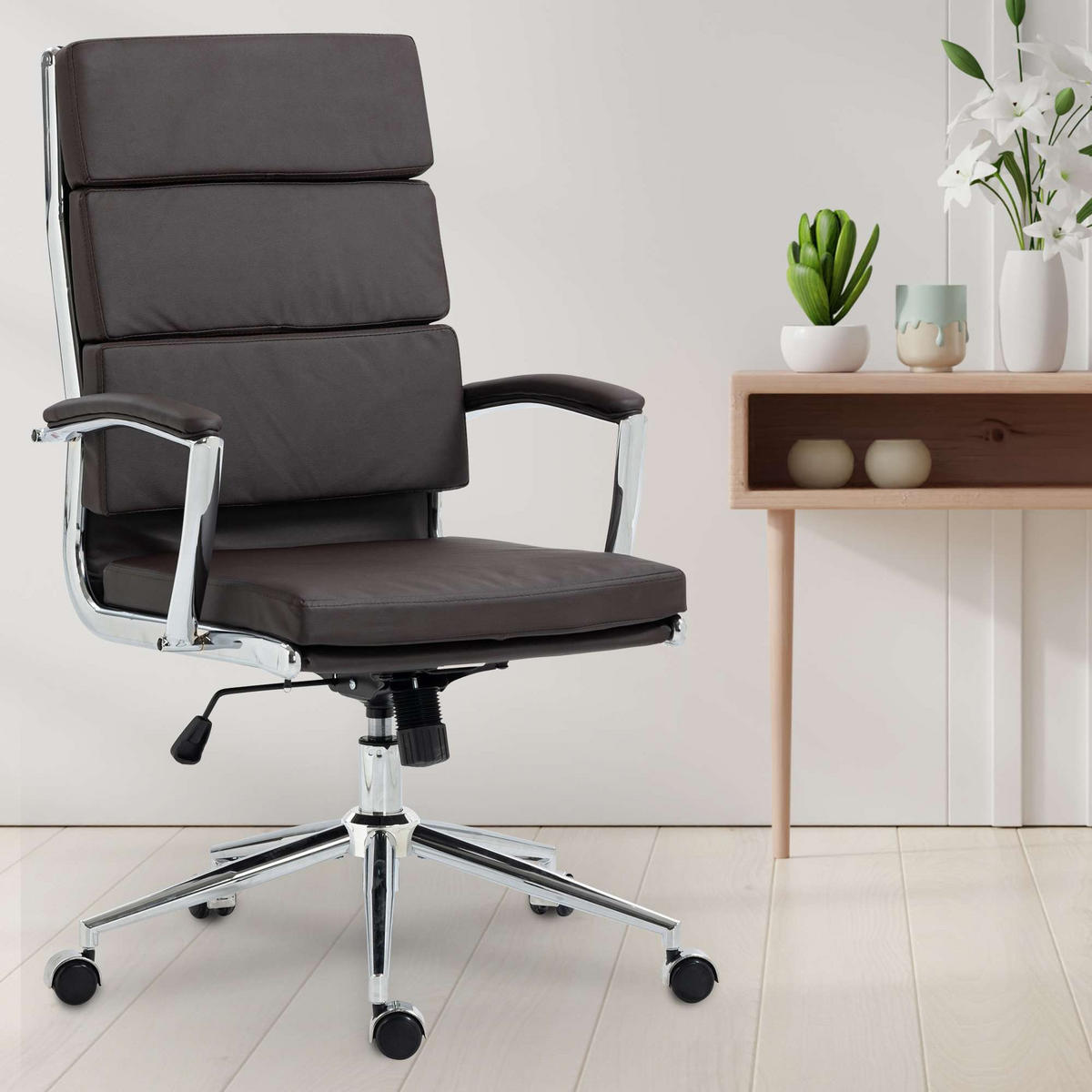 CHEFSESSEL Lederlook braun - Chromfarben/Braun, Textil/Metall (61/107/65cm) - CLP