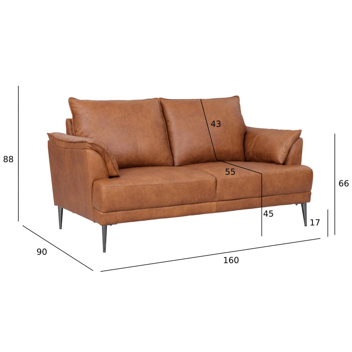 ZWEISITZER-SOFA Echtleder Cognac Braun - Schwarz/Braun, Leder/Metall (160/88/90cm) - Furnhouse