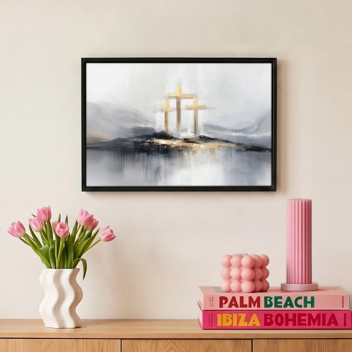 LEINWAND Bilder mit Rahmen - Abstrakt - Malerei - Christentum - Kreuz - 30x20 - Weiß, Textil (30/20cm) - MuchoWow