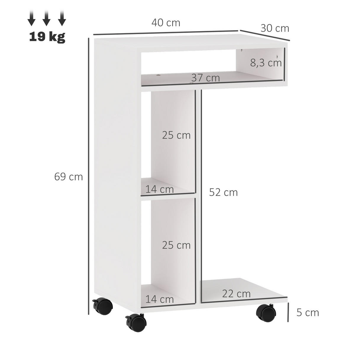 BEISTELLTISCH 40/69/30 cm Weiß aus Sperrholz mit Rollen - Weiß, Holzwerkstoff (40/30/69cm) - OKMYHOME