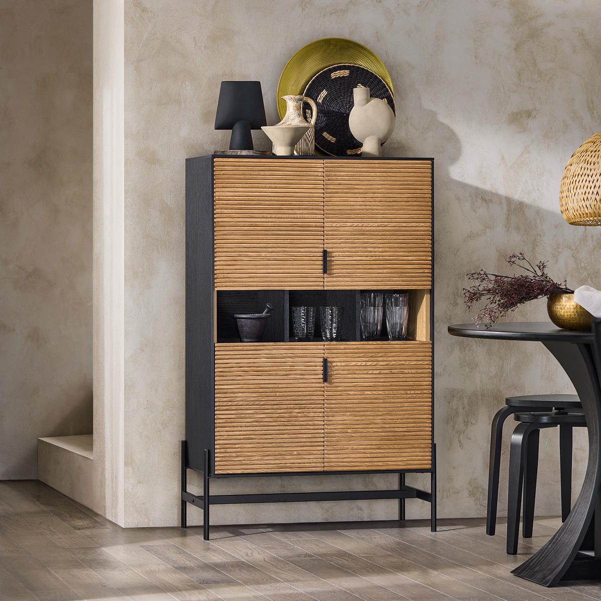 KÜCHENSCHRANK Schwarz-Natur - Schwarz/Naturfarben, Holzwerkstoff/Metall (84/132/40cm) - SoBuy