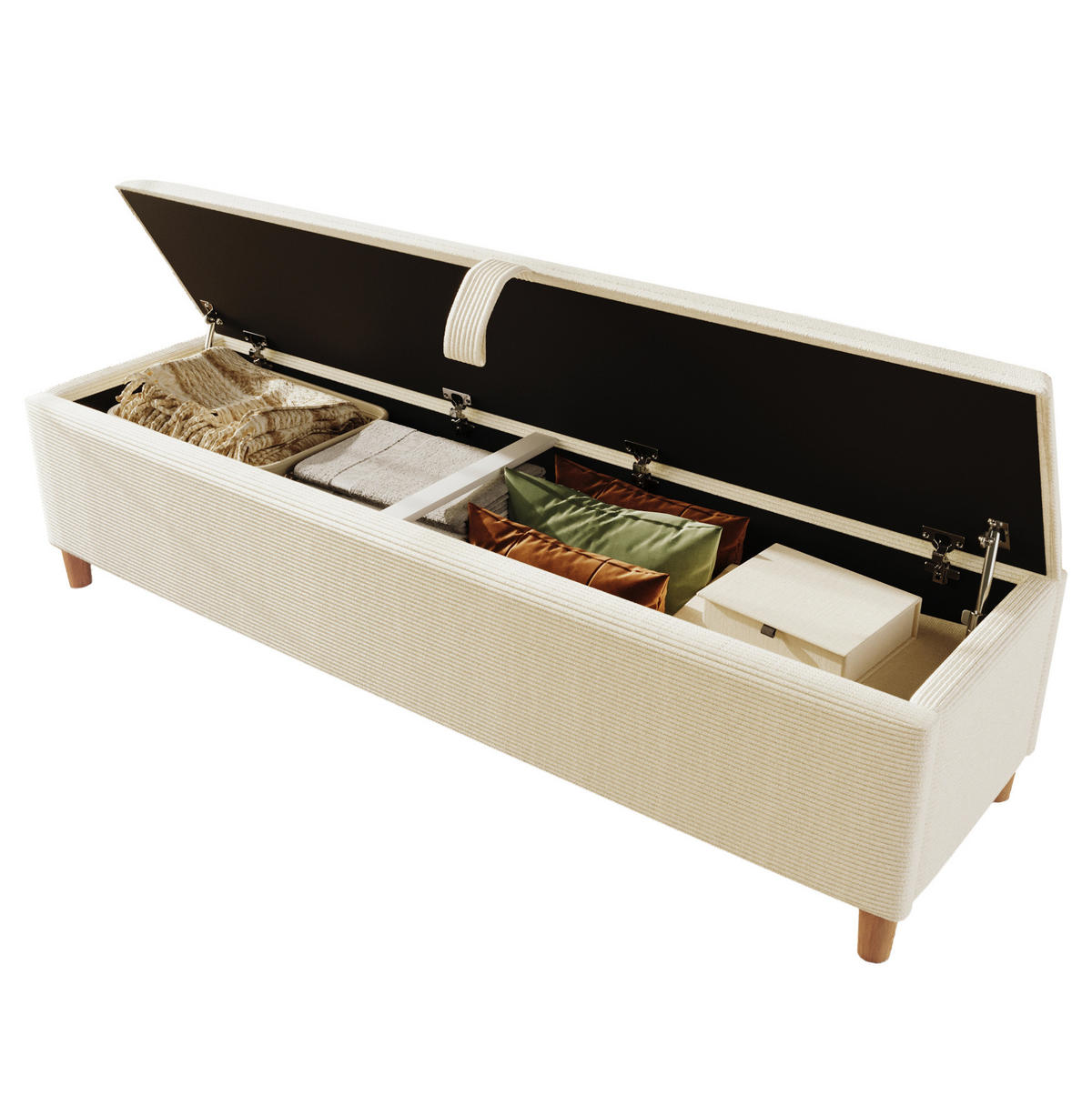 DOPPELBETT 160/200 cm beige/eichefarben aus Cordstoff und Holz mit LED, Stauraum und Bettbank - Beige, Holzwerkstoff (160/200cm) - OKWISH
