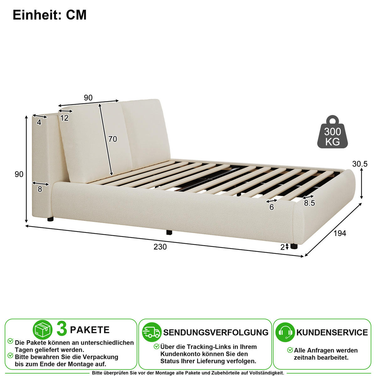 POLSTERBETT 180/200 cm in Beige Bouclé mit Lattenrost und Gepolstertem Kopfteil - Beige, Holzwerkstoff/Textil (180/200cm) - CHICFURN