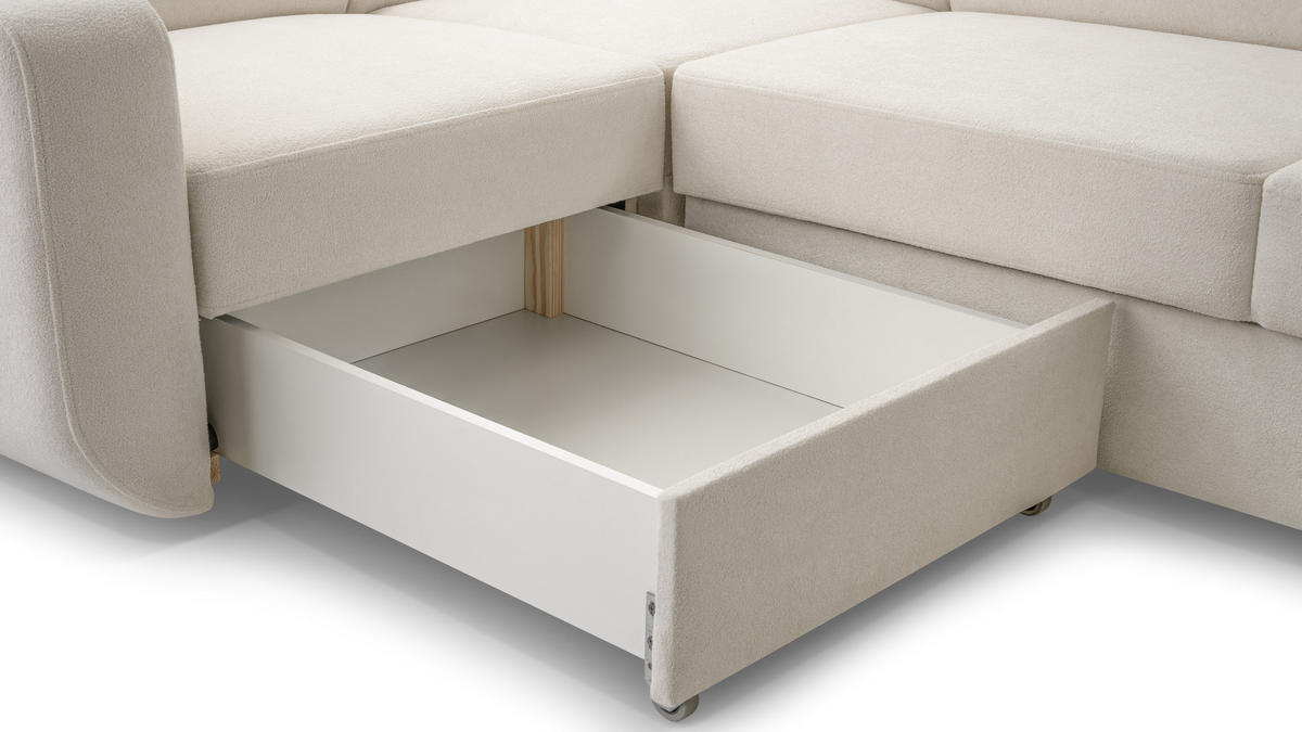 WOHNLANDSCHAFT CASTELLO Beige Plüsch-Stoff mit Schlaffunktion - Beige, Holz (337/97/184cm) - MASSENO