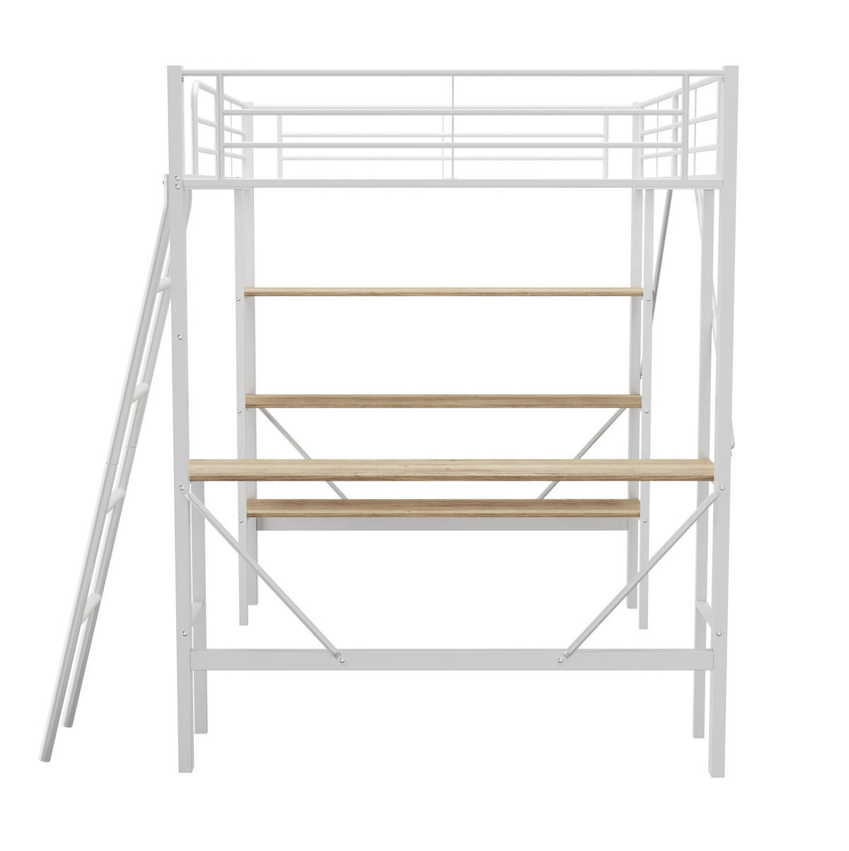 HOCHBETT 90/200 cm mit Schreibtisch und 3 Ablagen, Metall- und MDF-Konstruktion, Sicherheitsgeländer, Weiß - Weiß, Holzwerkstoff (90/200cm) - Redom