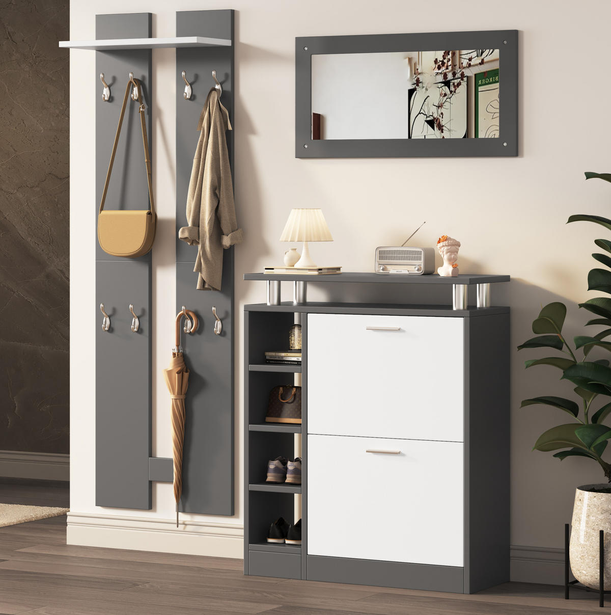 WANDGARDEROBE 80/25/96,5 cm mit 8 Haken, Spiegel und Schuhschrank in Grau/Weiß - Weiß, Holzwerkstoff (80/96/25cm) - BEAOK