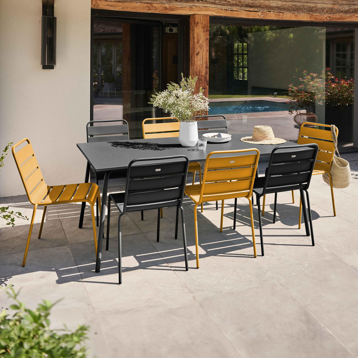 GARTENSET 9-tlg, Grau/Gelb - Gelb/Grau, Metall - Oviala