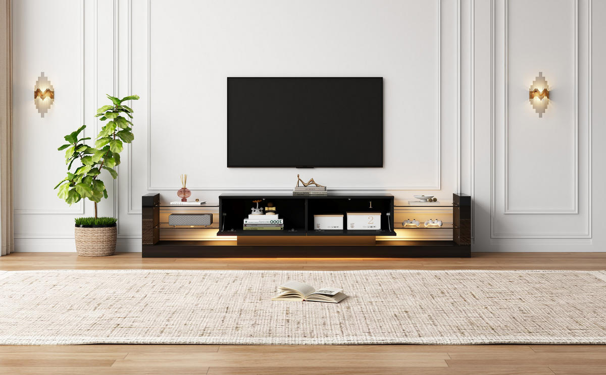 TV-SCHRANK 181/38/38 cm schwarz Spanplatte mit LED-Beleuchtung und zwei klappbaren Schubladen - Schwarz, Holzwerkstoff (181/38/38cm) - OKWISH