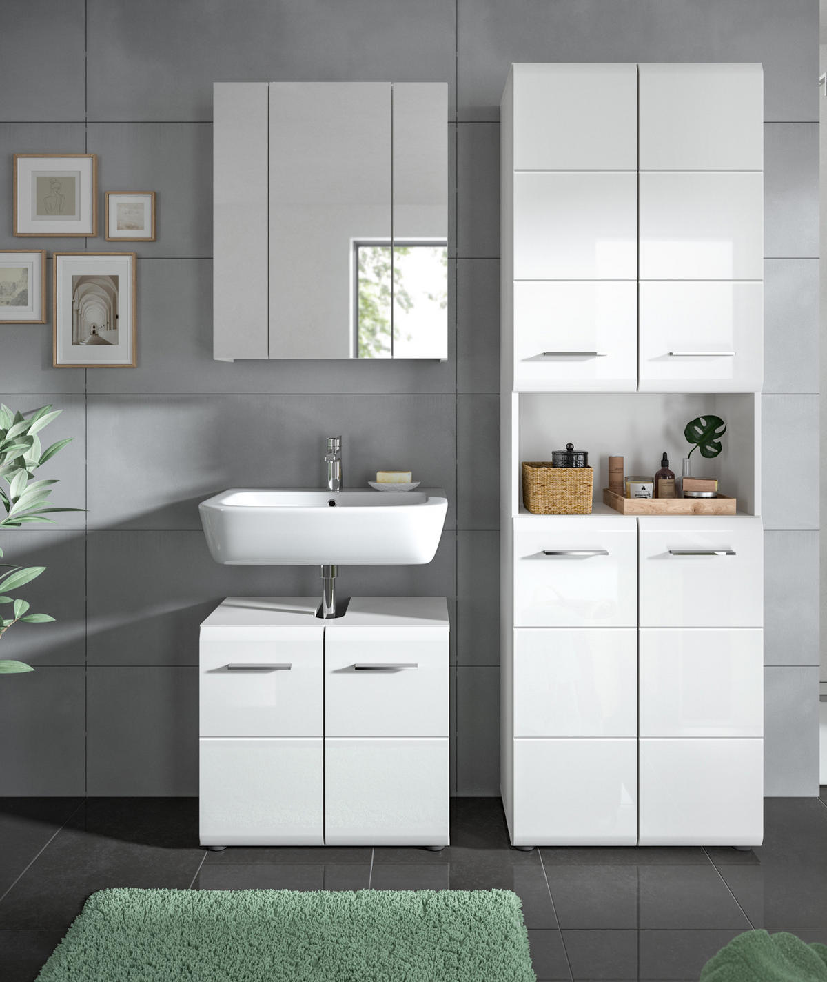 WASCHBECKENUNTERSCHRANK weiß Hochglanz, Badezimmer Unterschrank 60 cm - Weiß Hochglanz/Silberfarben, Holzwerkstoff/Kunststoff (60/54/30cm) - Inn.Furn