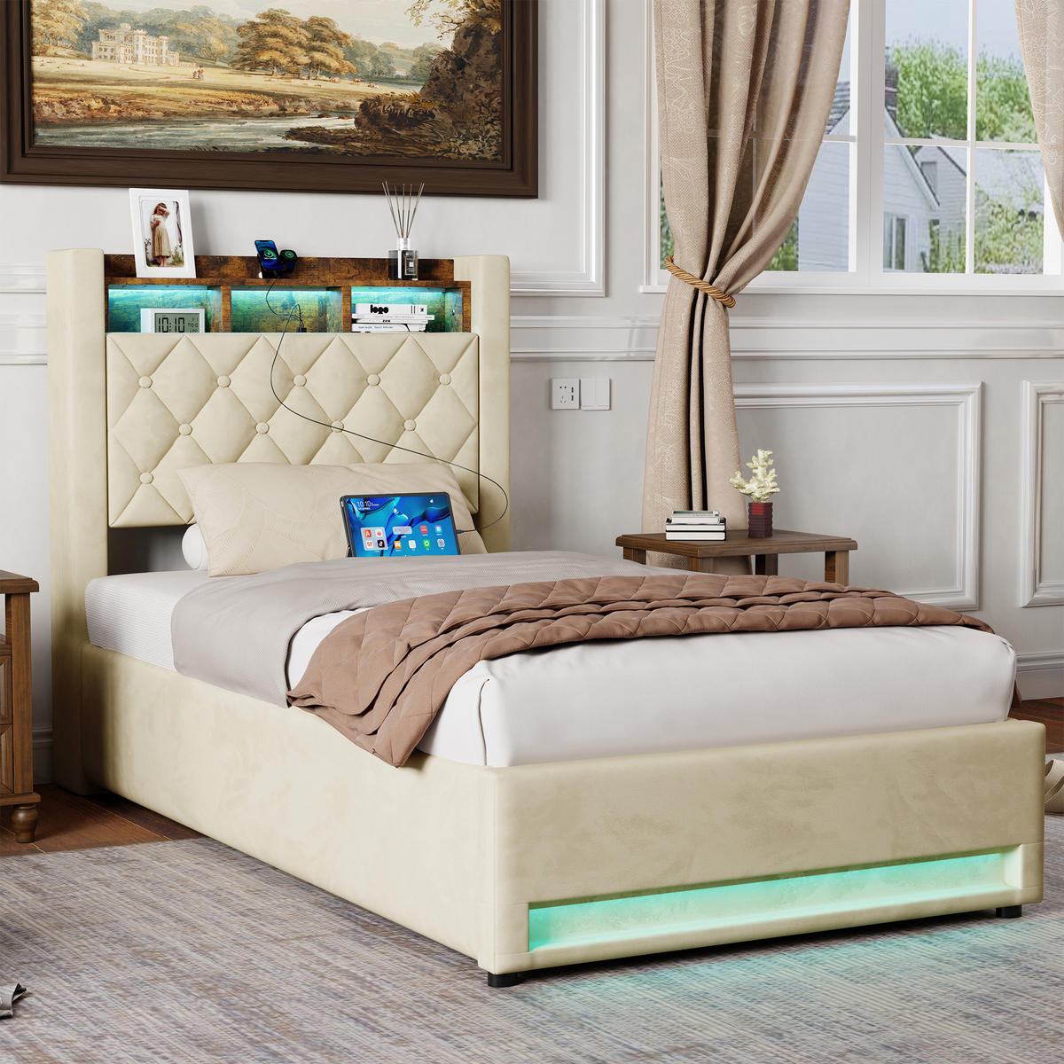 POLSTERBETT aus Samt 90x200 cm Beige mit Stauraum-Kopfteil und LED-Lichtleiste - Beige, Textil (90/200cm) - Modfu
