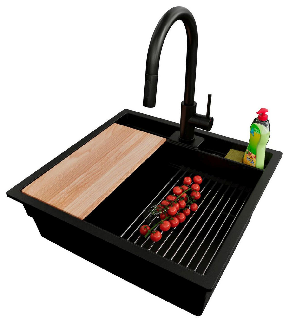 UNTERBAUSPÜLE GRANIT Bergen Pocket, 2-er set Schwarz 56/54 cm 1 Becken + Küchenarmatur 40/20 cm + Ablauf-Set + Küchenzubehörset ab 60er Unterschrank - Chromfarben/Beige, Kunststoff (56/20/54cm) - Primagran