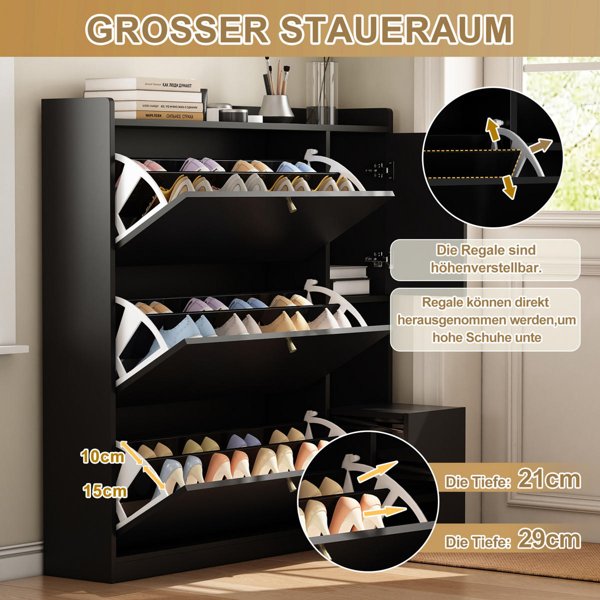 SCHUHSCHRANK aus Spanplatte 119x24x122cm in Schwarz mit Sitzbank - Schwarz, Holzwerkstoff (119/122/24cm) - Modfu