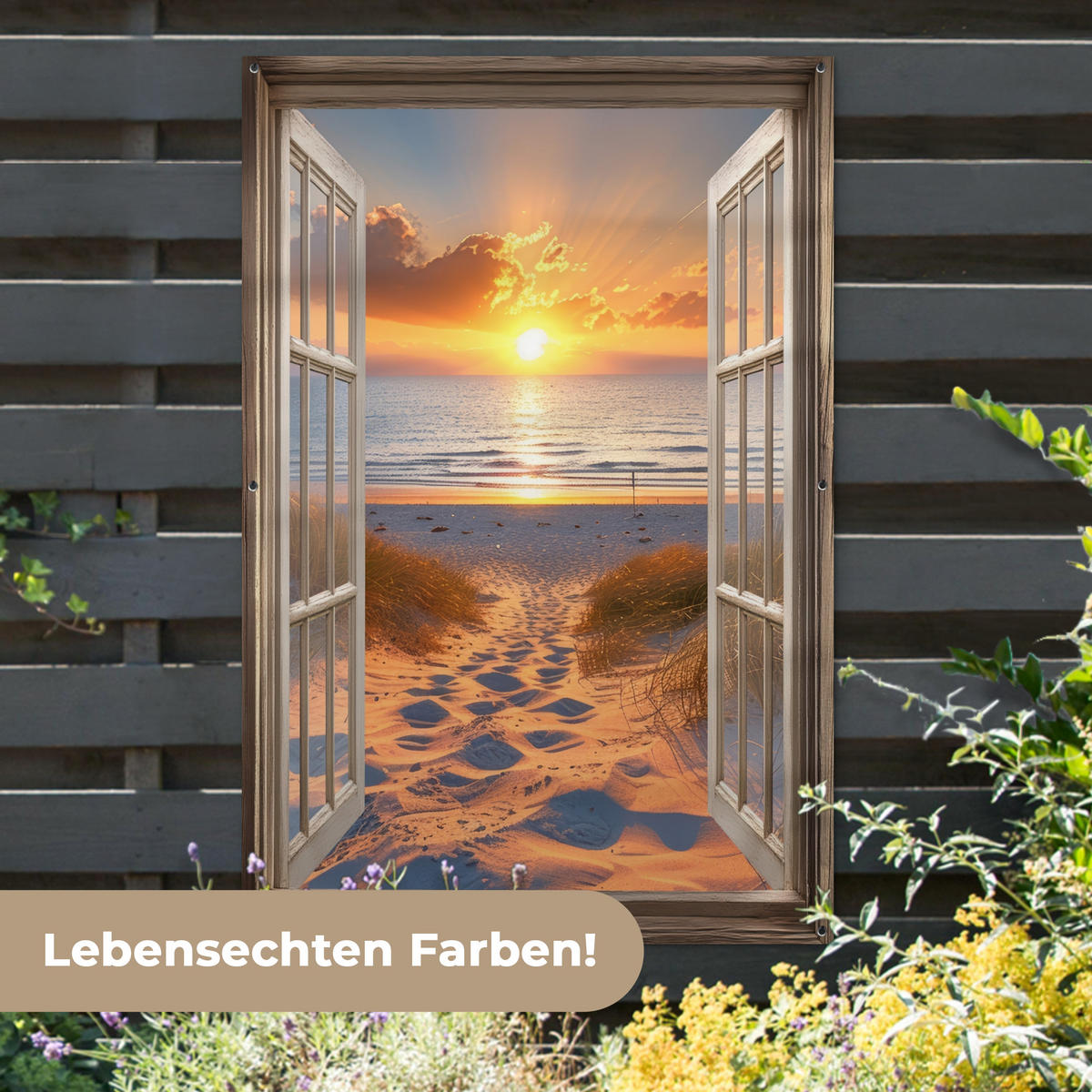 GARTENPOSTER Durchblick - Strand - Dünen - Sonnenuntergang 120x180 cm - Orange, Kunststoff (120/180/0.2cm) - OnlyWow
