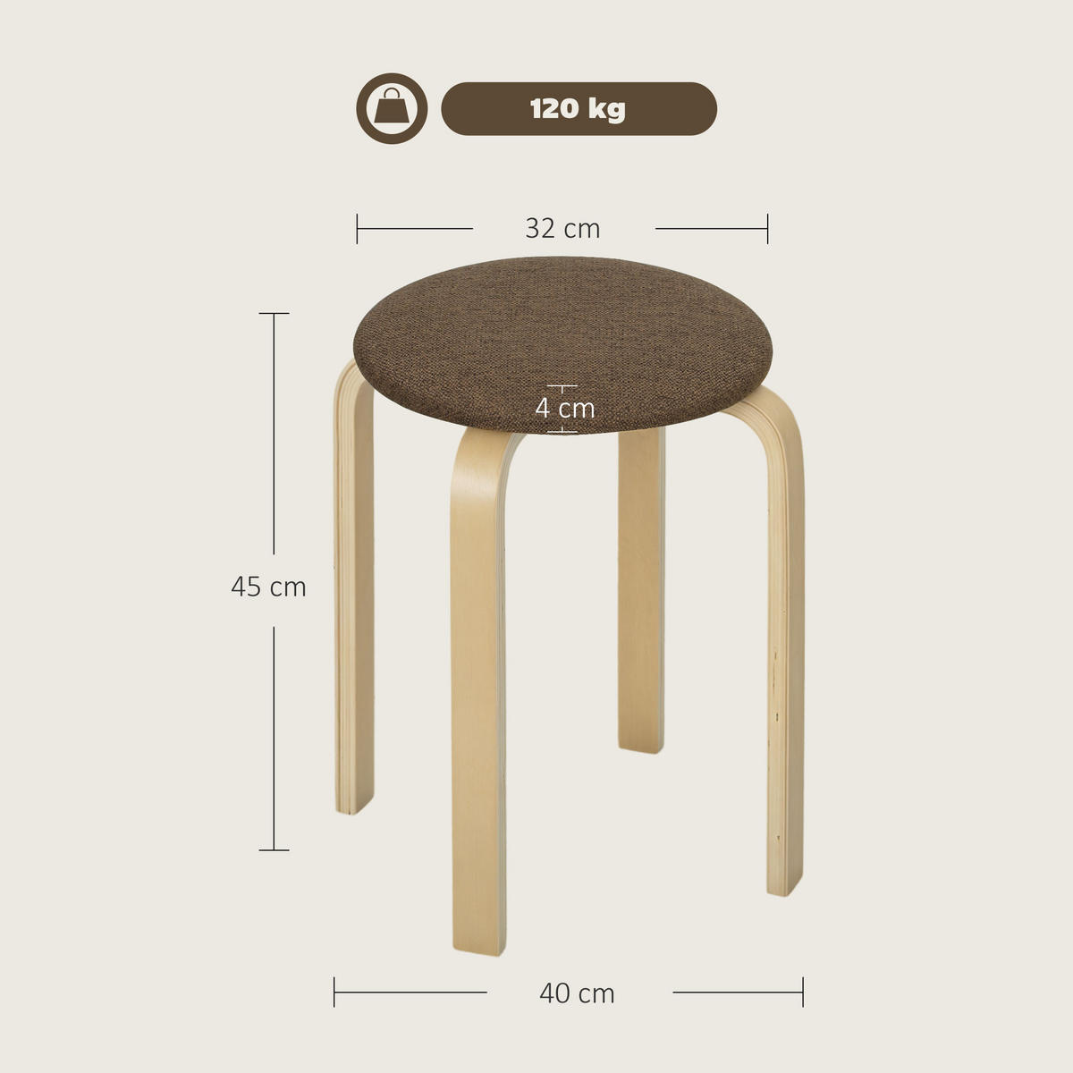 POLSTERHOCKER DE-06921 4er-Set stapelbar mit lackierter Oberfläche Braun - Braun, Holz (40/45/40cm) - ComfortXL