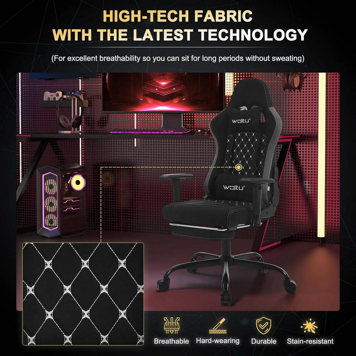 GAMINGSTUHL mit Massagefunktion, Tech-Stoff, Schwarz+Grau - Schwarz/Grau, Kunststoff/Textil (70/121.5/57.5cm) - Woltu