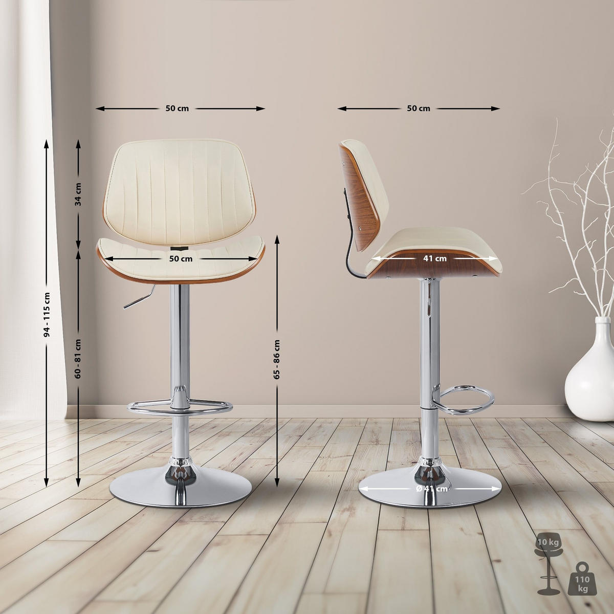 BARHOCKER Clawson 50x50x94-115 cm Creme - Nussbaumfarben, Leder (50/94/50cm) - furnicato