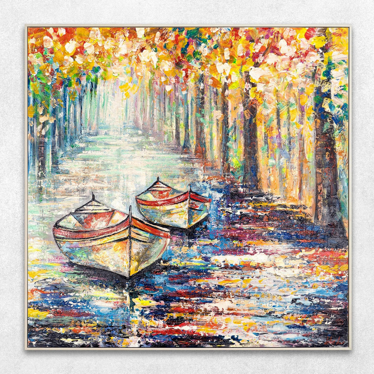 GEMÄLDE Herbstlicher Anlegeplatz Schattenfugenrahmen Beige 100x100 cm - Beige, Holz (100/100cm) - YS-art gallery