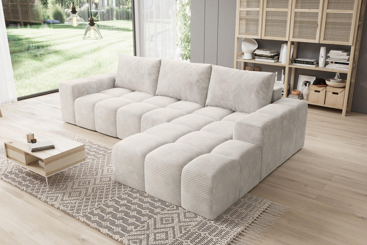 ECKSOFA Cento, L-Form, Ottomane Rechts, Cordstoff, 285x56x180 cm, Beige - Beige, Holz (285/180cm) - PROMETO Möbel