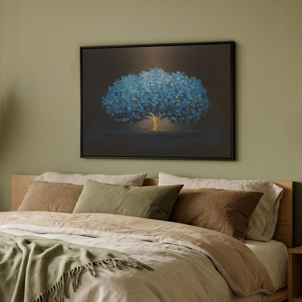 LEINWAND Bilder mit Rahmen - Baum - Blau - Blätter - Pinselstriche - 70x50 - Blau, Textil (70/50cm) - MuchoWow