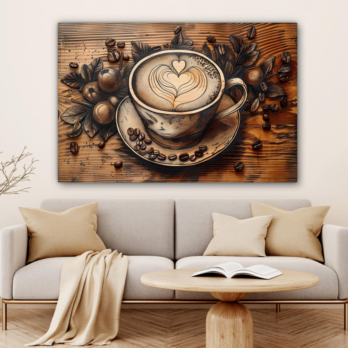 LEINWANDBILD Kaffee - Vintage - Braun - Tasse - Holz XXL 150x100 cm - Braun, Textil (150/100cm) - MuchoWow