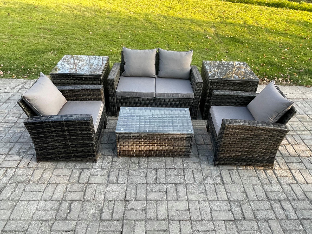 GARTENGARNITUR Polyrattan Dunkelgrau 9-Sitzer - Dunkelgrau, Metall - Fimous