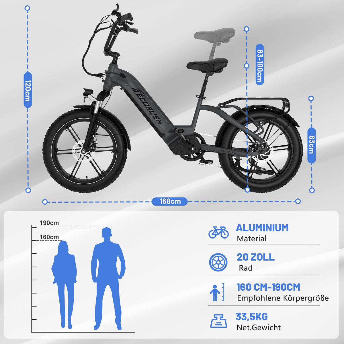 E-BIKE Mountain R6 20*4,0 Zoll, 7 Gang, Aluminiumrahmen, bis zu 120km - Grau, Metall (31cm) - ECORUSH