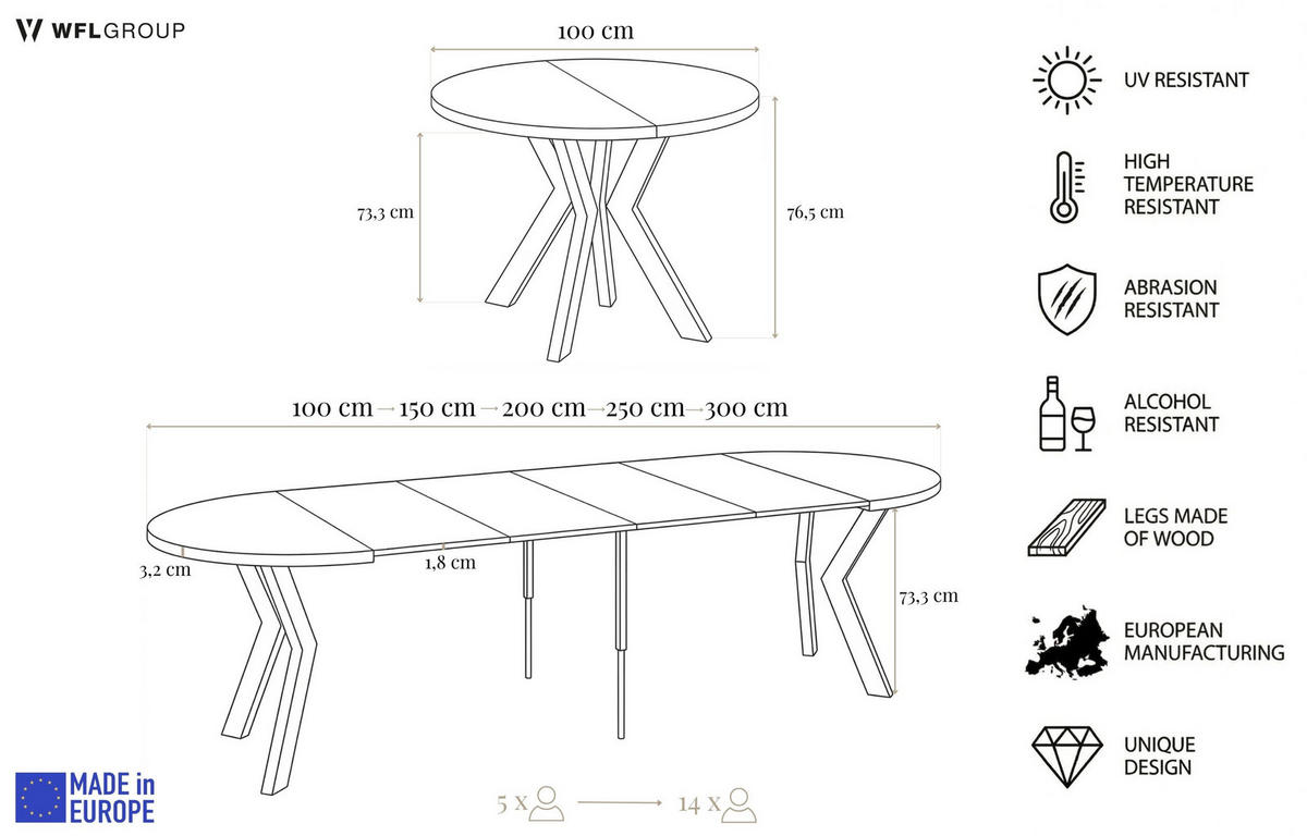 ESSTISCH Savio rund ausziehbar verlängerbar XXL, Kaschmir 100-300/100/77 cm - Kaschmir/Schwarz, Holz/Holzwerkstoff (100/100/77cm) - WFL GROUP