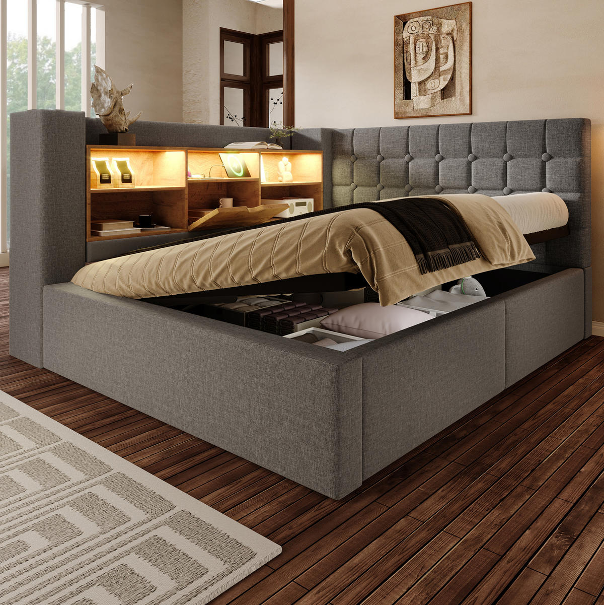 POLSTERBETT 140/200 cm mit LED-Beleuchtung, Bettkasten und flexiblem Kopfteil - Grau, Textil (140/200cm) - BEAOK