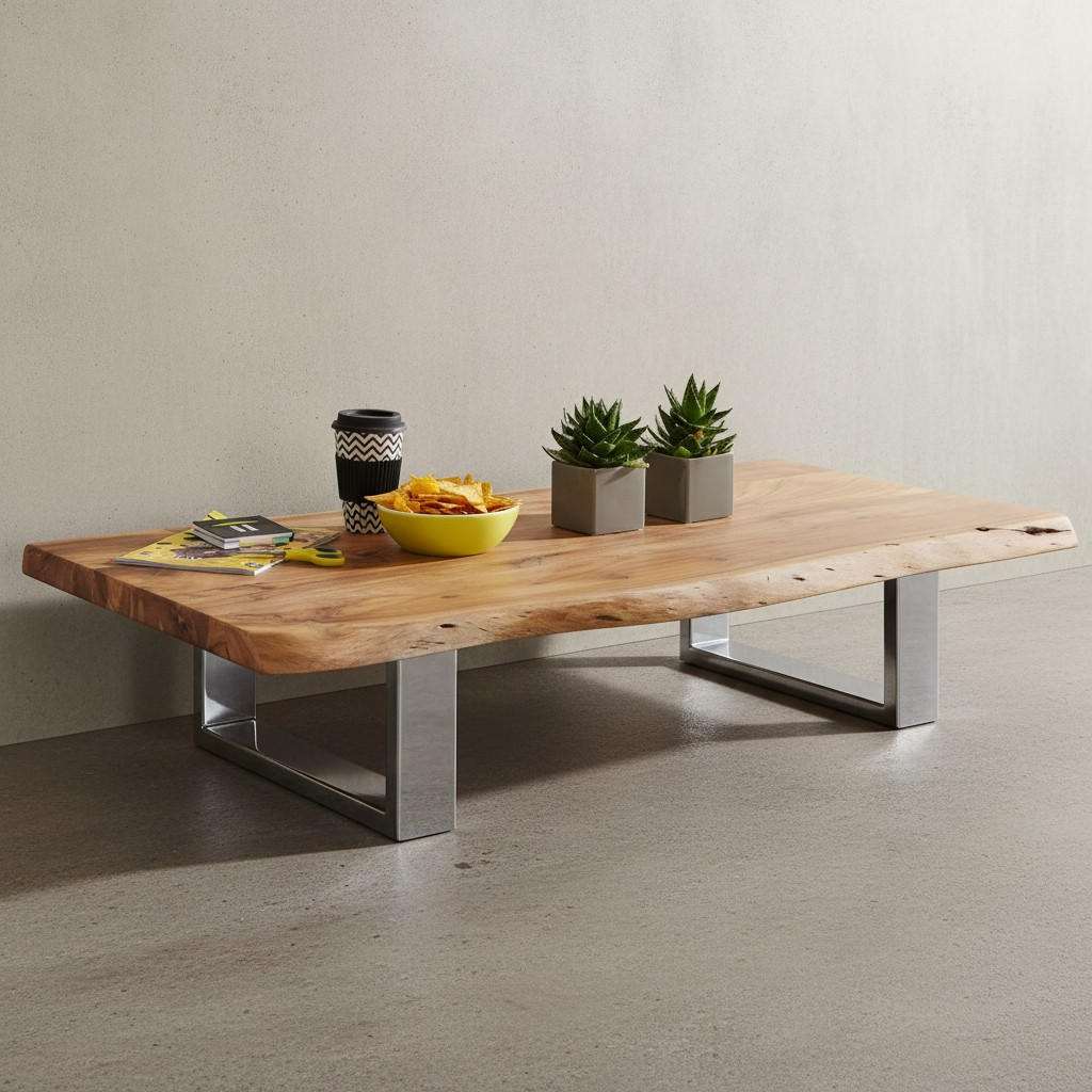 COUCHTISCH Akazienholz Massiv, Baumkanten Design, Landhausstil, Metallbeine Stabil - Beige/Silberfarben, Holz/Metall (58/115/25cm) - KADIMA DESIGN