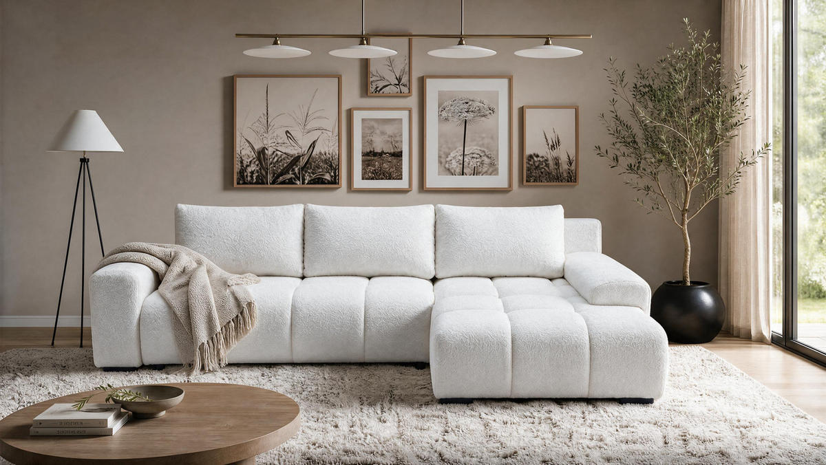 ECKSOFA Ovia mit Bettkasten und Schlaffunktion, Bouclé-Stoff in L-Form - Weiß, Textil (270/185cm)