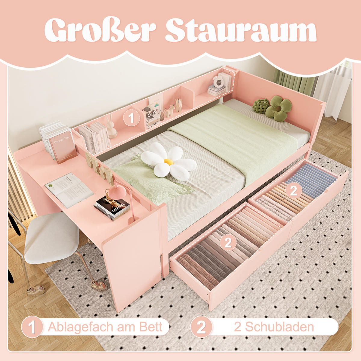 KINDERBETT 90/200 cm mit Schreibtisch, 3 Regalen, 2 Schubladen und Absturzsicherung aus Kiefer/Spanplatte, Rosa/Weiß - Rosa, Holzwerkstoff (90/200cm) - Redom