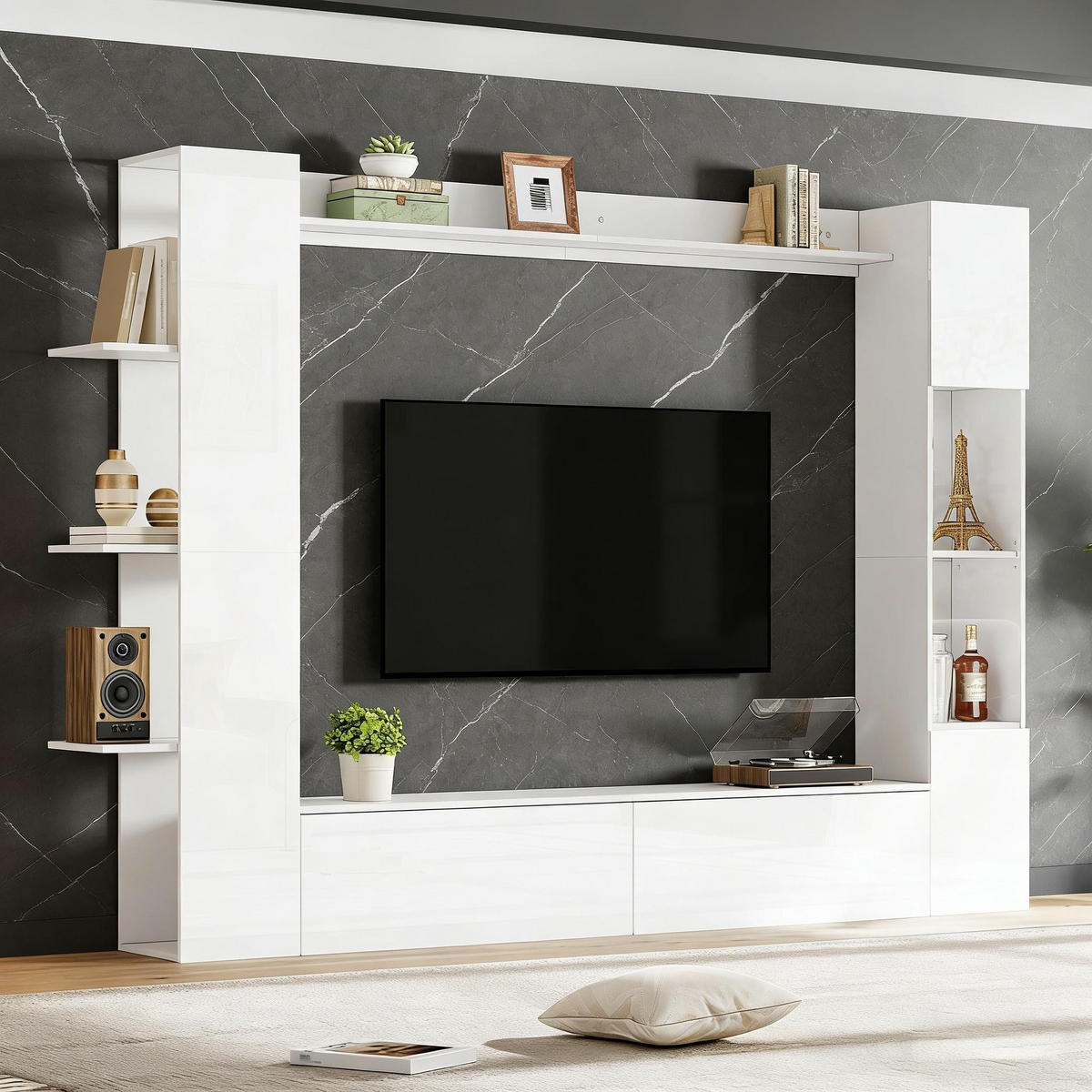 WOHNWAND mit TV-Bereich, offenen Regalen und Stauraum Weiß moderne Standardgröße MDF - Weiß, Holzwerkstoff (228/170/30cm) - EVRYAE