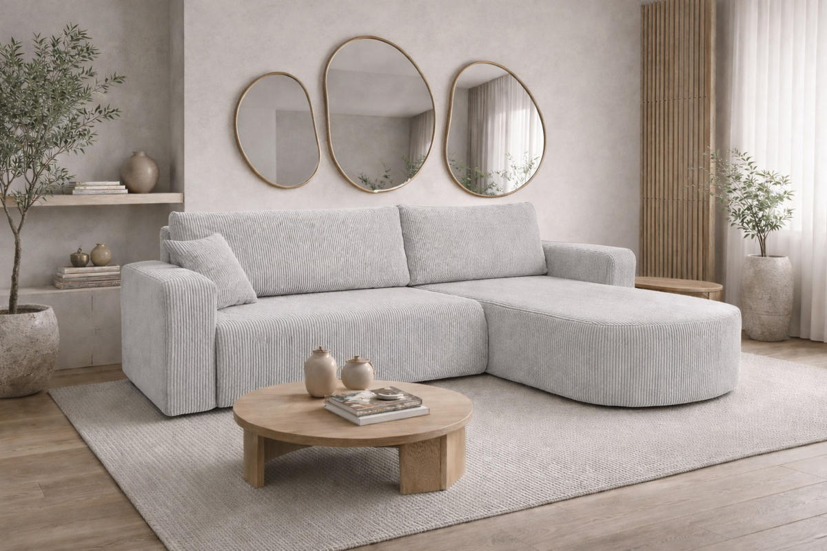 ECKSOFA Mit Schlaffunktion, Cordstoff Poso, Hellgrau, Rechts, ROUND ONE XL - Hellgrau, Holz (271/175cm) - Kaiser Möbel