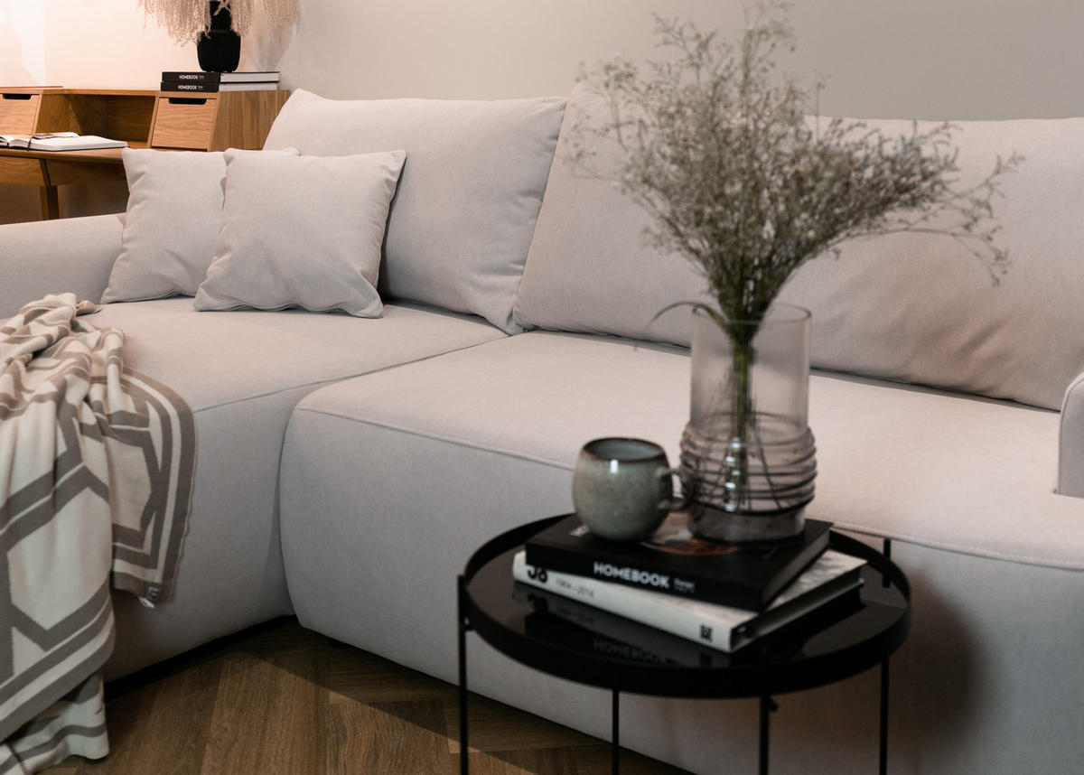 ECKSOFA Ovo Cremeweiß Velours - Creme/Schwarz, Kunststoff/Textil (260/165cm) - Selsey