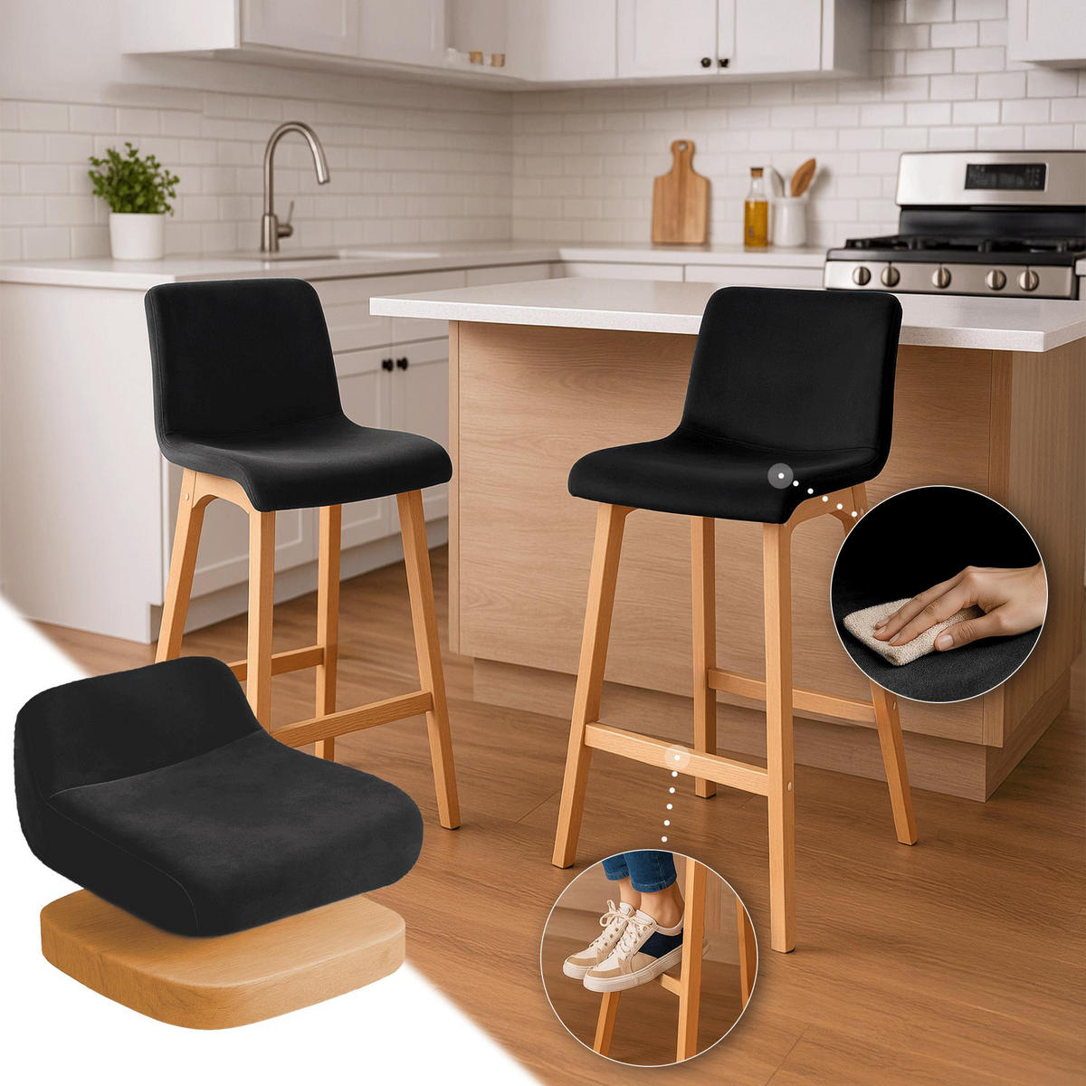 BARHOCKER Samt Schwarz - Eukalyptusholzfarben/Schwarz, Holz/Textil (41/101/46cm) - CLP